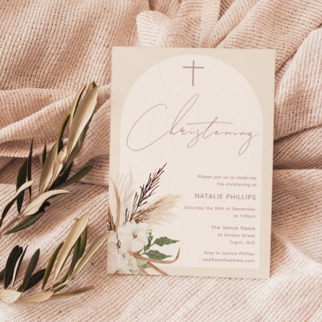 Invitation Baptême Crème Beige Floral Bohème Arche (Créateur téléchargé)