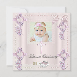 Invitation Baptême Crème Rose Croix Fille Photo baptême