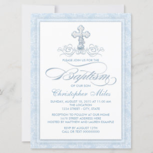 Invitation Baptême croisé bleu Damas
