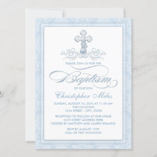 Invitation Baptême croisé bleu Damas