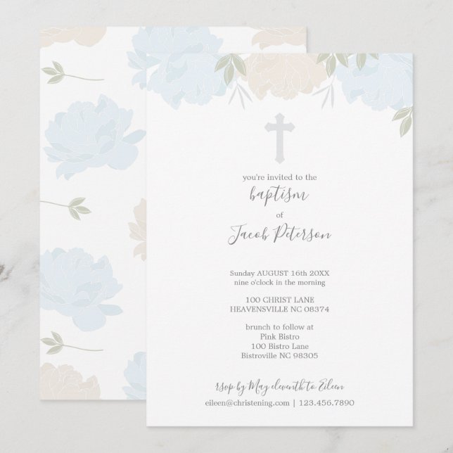 Invitation Baptême croisé de garçon de pivoines bleues en (Devant / Derrière)