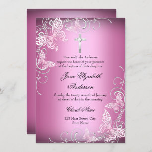 Invitation Baptême croisé de papillon rose