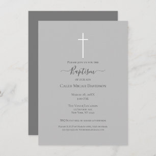 Invitation Baptême croisé gris et blanc minimal