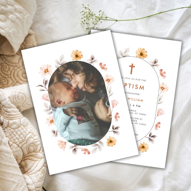 Invitation Baptême croisé minimal Fleur sauvage Boho (Minimal Boho Wildflower Photo Frame Cross Baptism Invitation)