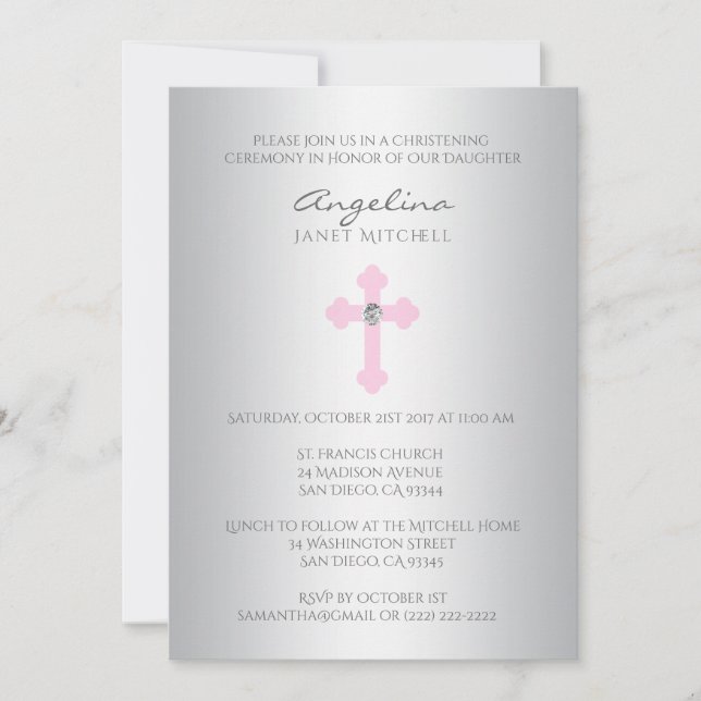 Invitation Baptême croisé rose argenté élégant de baptême de (Devant)
