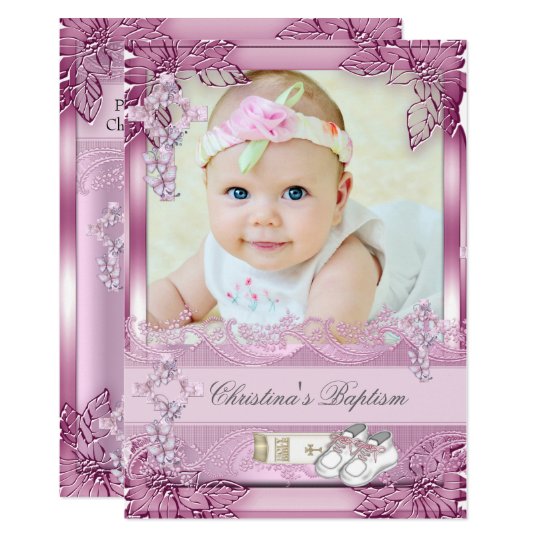 invitation bapteme croise rose de photo de fille de bapteme