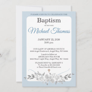 Invitation Baptême Croix Aquarelle Bleu Blanc Gris Rose