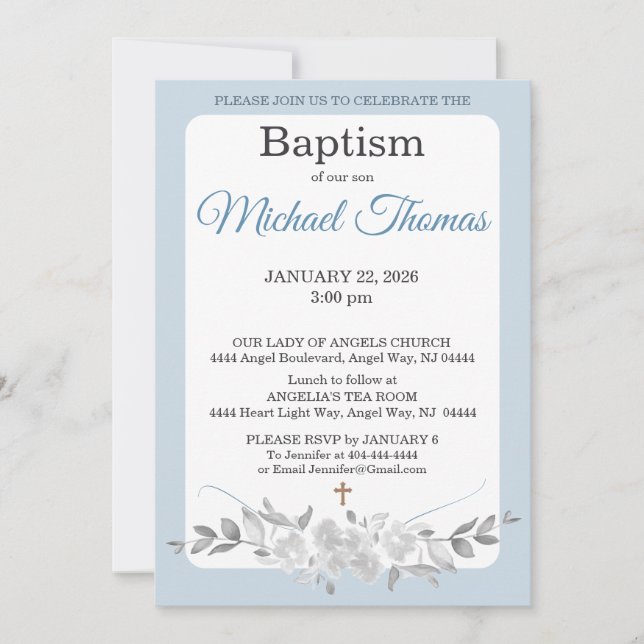 Invitation Baptême Croix Aquarelle Bleu Blanc Gris Rose (Devant)