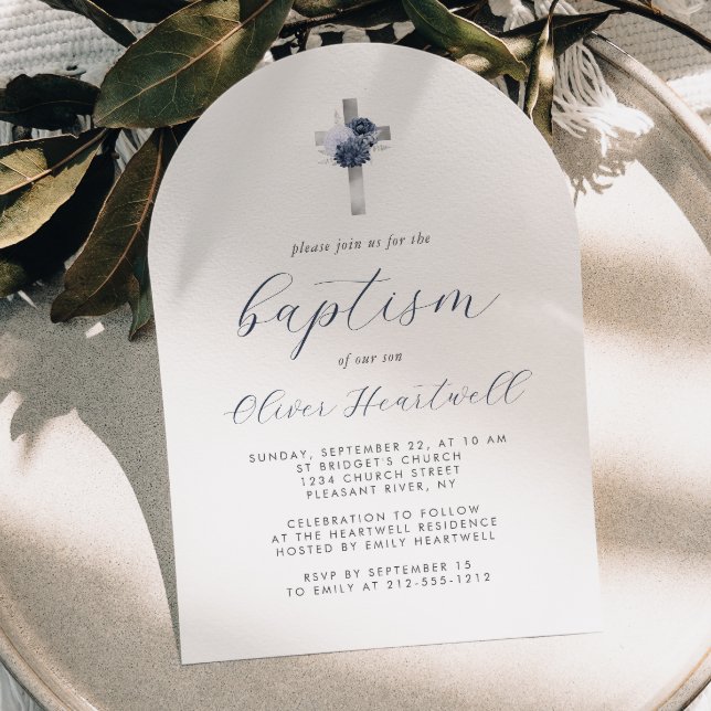 Invitation Baptême Croix Argentée Fleurs Bleues pour Garçon (Créateur téléchargé)