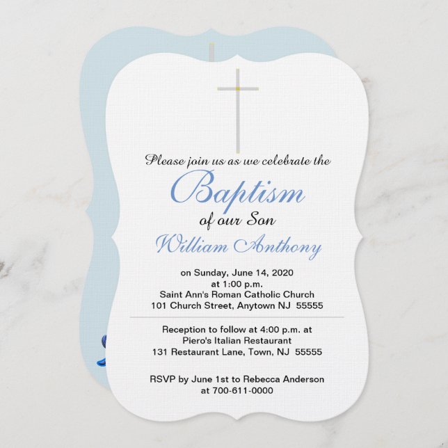 Invitation Baptême Croix Bleu Gris Bébé Rattle (Devant / Derrière)