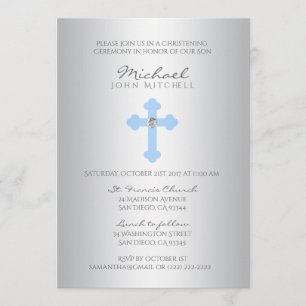 Invitation Baptême Croix Bleue d'argent / Baptême de garçon P