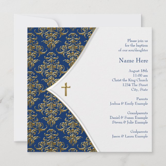 Invitation Baptême Croix Bleue et Or (Devant)