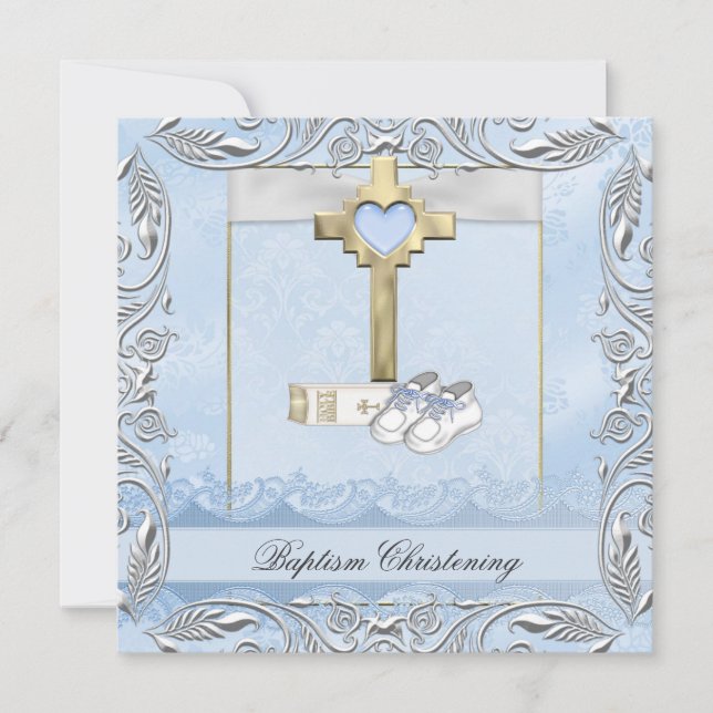 Invitation Baptême Croix Bleue Garçon damas baptême Bible (Devant)
