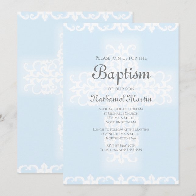 Invitation Baptême Croix chrétienne bleu Damask Boy (Devant / Derrière)