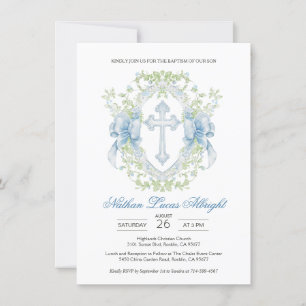 Invitation Baptême Croix Crest Verdure Baby Boy