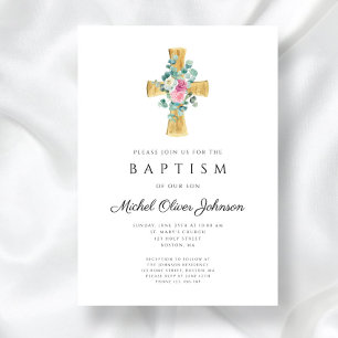 Invitation Baptême croix de pivoines florales roses élégantes