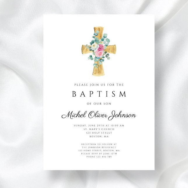 Invitation Baptême croix de pivoines florales roses élégantes (Elegant Pink Floral Peonies Cross Baptism Invitation)