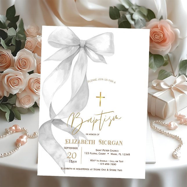 Invitation Baptême Croix d'Or Arc Chic Gris (Créateur téléchargé)