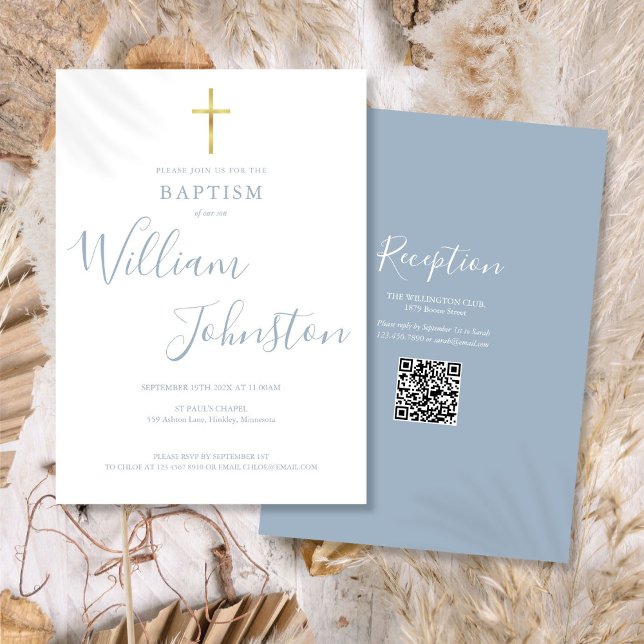 Invitation Baptême Croix Dorée Bleu Poussiéreux Code QR (Baptism Christening Gold Cross Dusty Blue QR Code Invitation)