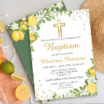 Invitation Baptême Croix Dorée de Verdure de Citron d'Été<br><div class="desc">Invitation de Baptême Croix Dorée de Verdure de Citron d'Été</div>