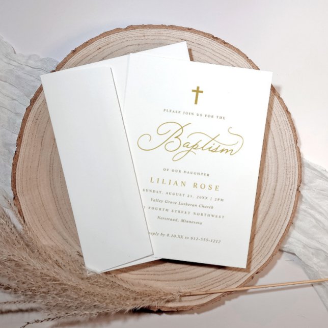 Invitation Baptême croix dorée élégante (Personalized baptism invite with gold cross and elegant script, perfect for a timeless celebration.)