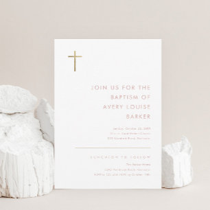 Invitation Baptême Croix Dorée Moderne Minimaliste