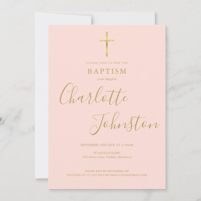 Invitation Baptême Croix Dorée Rose Pâle QR Code (Devant)