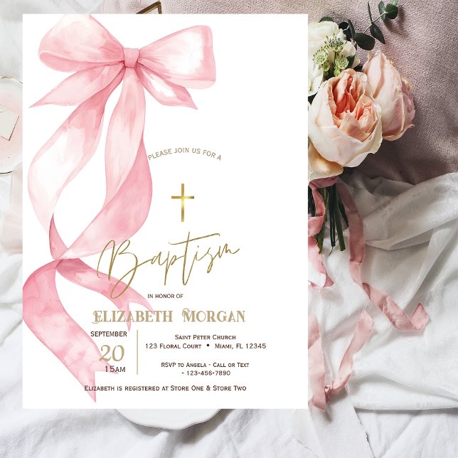 Invitation Baptême Croix Dorée Ruban Rose Chic (Créateur téléchargé)