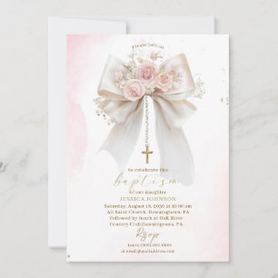 Invitation Baptême Croix Élégant Moderne Aquarelle Ruban Rose