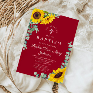 Invitation Baptême croix élégante tournesol Bourgogne