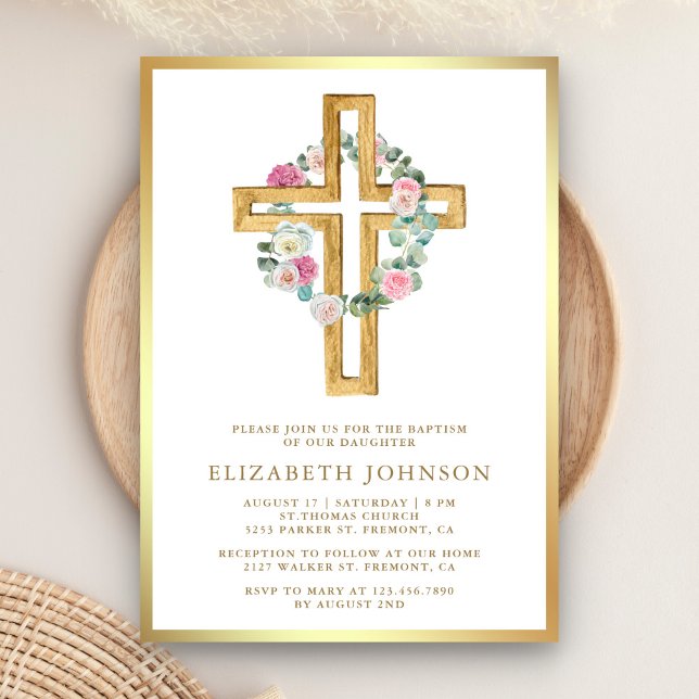 Invitation Baptême Croix en Bois de Eucalyptus Floral Rustiqu (Créateur téléchargé)
