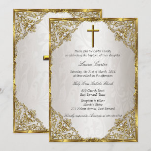 Invitation Baptême croix en damas perle beige or