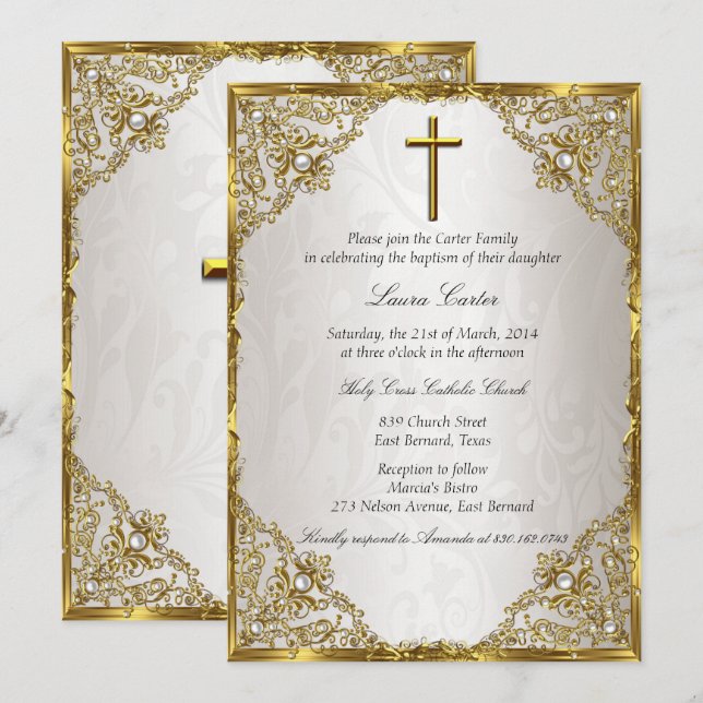 Invitation Baptême croix en damas perle beige or (Devant / Derrière)
