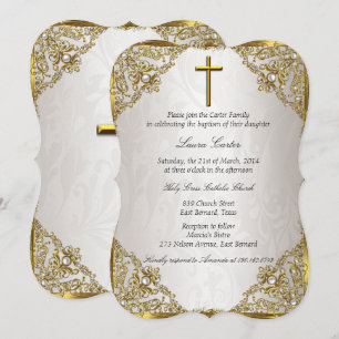 Invitation Baptême croix en damas perle beige or