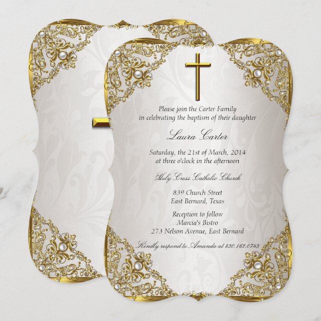 Invitation Baptême croix en damas perle beige or (Devant / Derrière)
