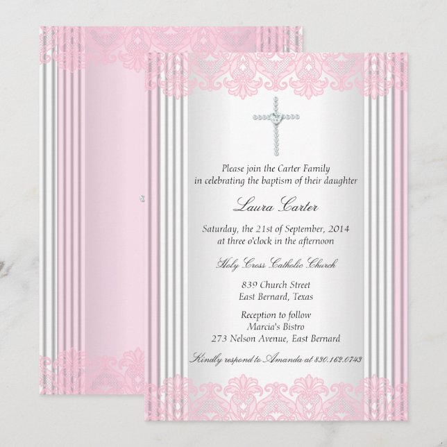 Invitation Baptême croix en dentelle rose blanc (Devant / Derrière)