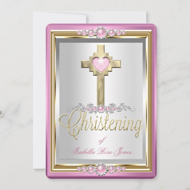 Invitation Baptême Croix Fille Perle Rose 2 (Devant)