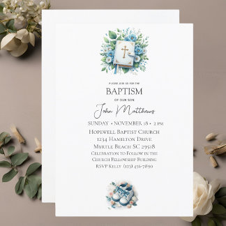 Invitation Baptême Croix florale blanche et garçons de la Bib