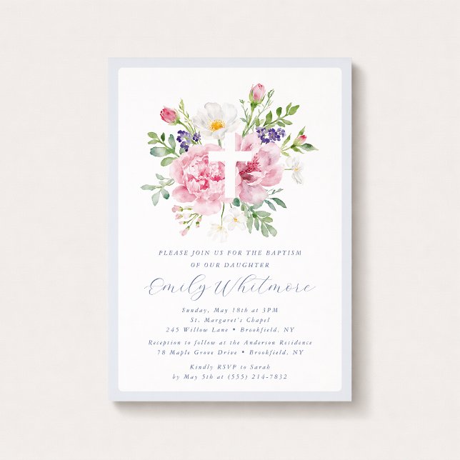 Invitation Baptême croix florale bleu clair et rose  (Créateur téléchargé)
