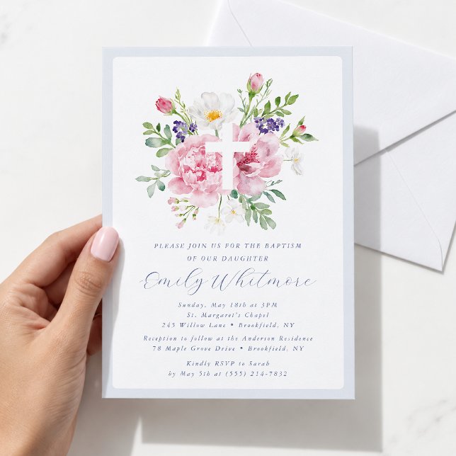 Invitation Baptême croix florale bleu clair et rose  (Créateur téléchargé)