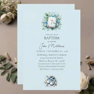 Invitation Baptême Croix Florale Bleue et Garçons de la Bible
