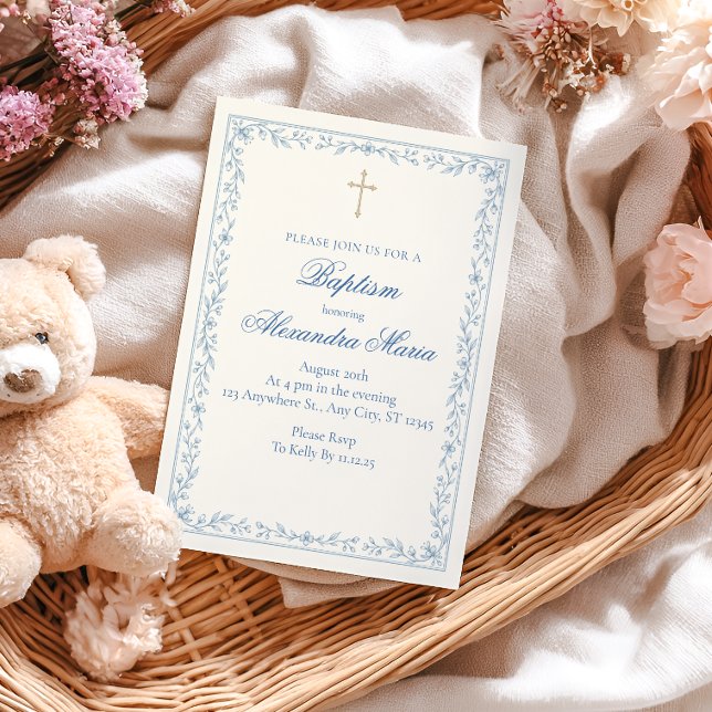 Invitation Baptême Croix Florale Bleue Or (Créateur téléchargé)