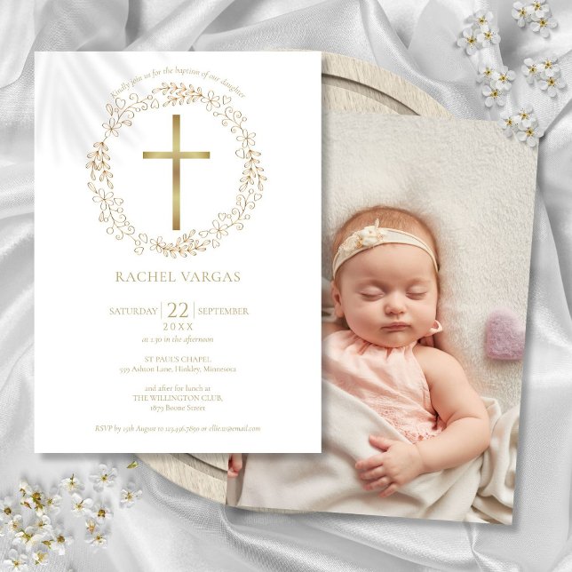Invitation Baptême Croix Florale en Or Photo (Baptism Christening Gold Cross Floral Photo Invitation)