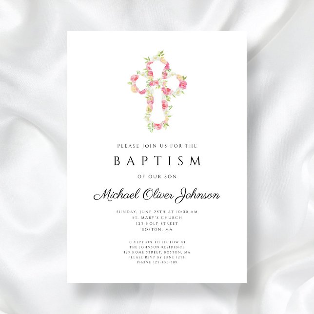 Invitation Baptême croix florale rose élégant (Elegant Floral Pink Cross Baptism Invitation)