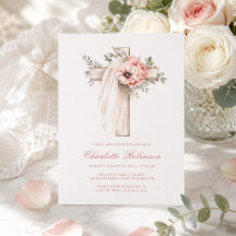 Baptême croix florale rose poudré