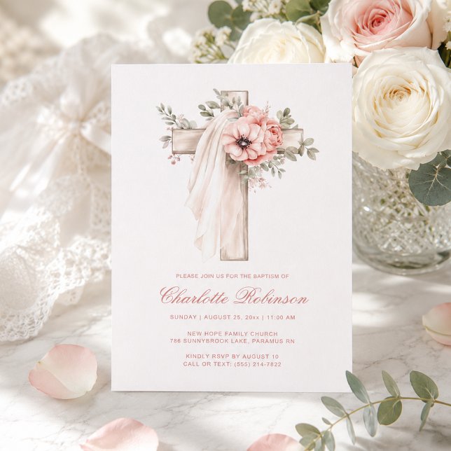 Invitation Baptême croix florale rose poudré  (Créateur téléchargé)