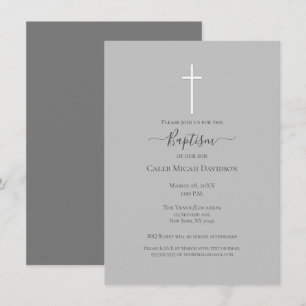 Invitation Baptême croix grise et blanche minimaliste