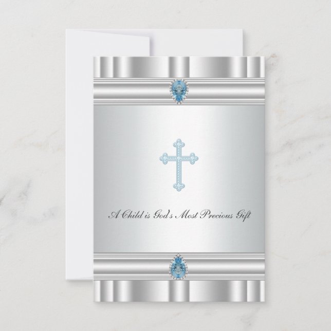 Invitation Baptême Croix Grise et Bleue (Devant)