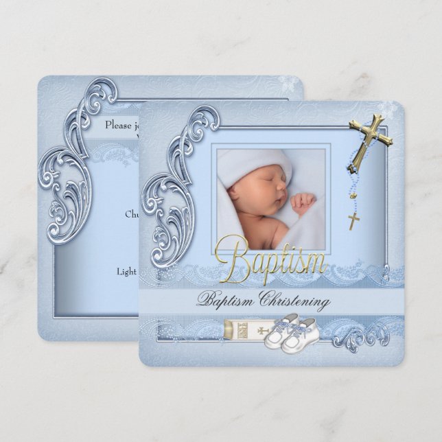 Invitation Baptême Croix Or Bleu Garçon Christening (Devant / Derrière)