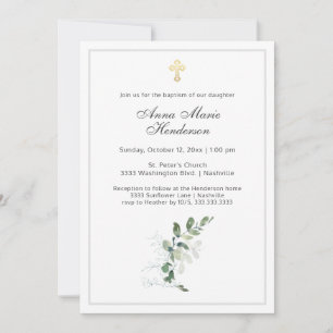 Invitation Baptême Croix Or de Verdure d'Eucalyptus